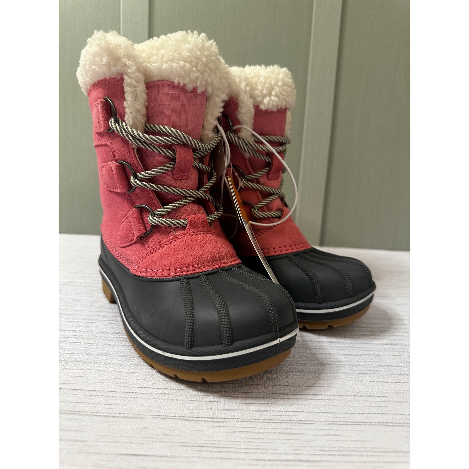 Cat & Jack Girls Pink Black Waterproof Winter Snow Boots Faux Fur Trim Size 13