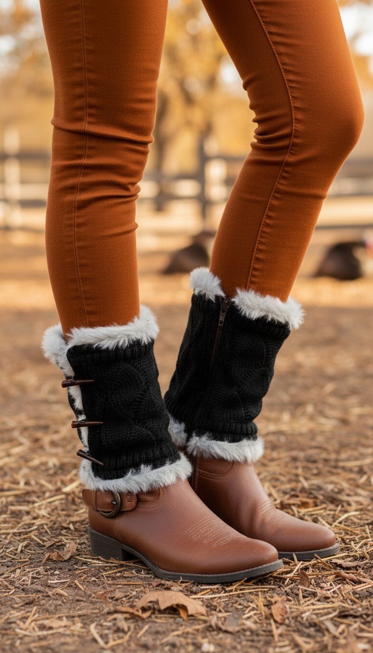 Women Boots Covers Toppers Pair White Faux Fur Slip On Booties Heels Black Knits