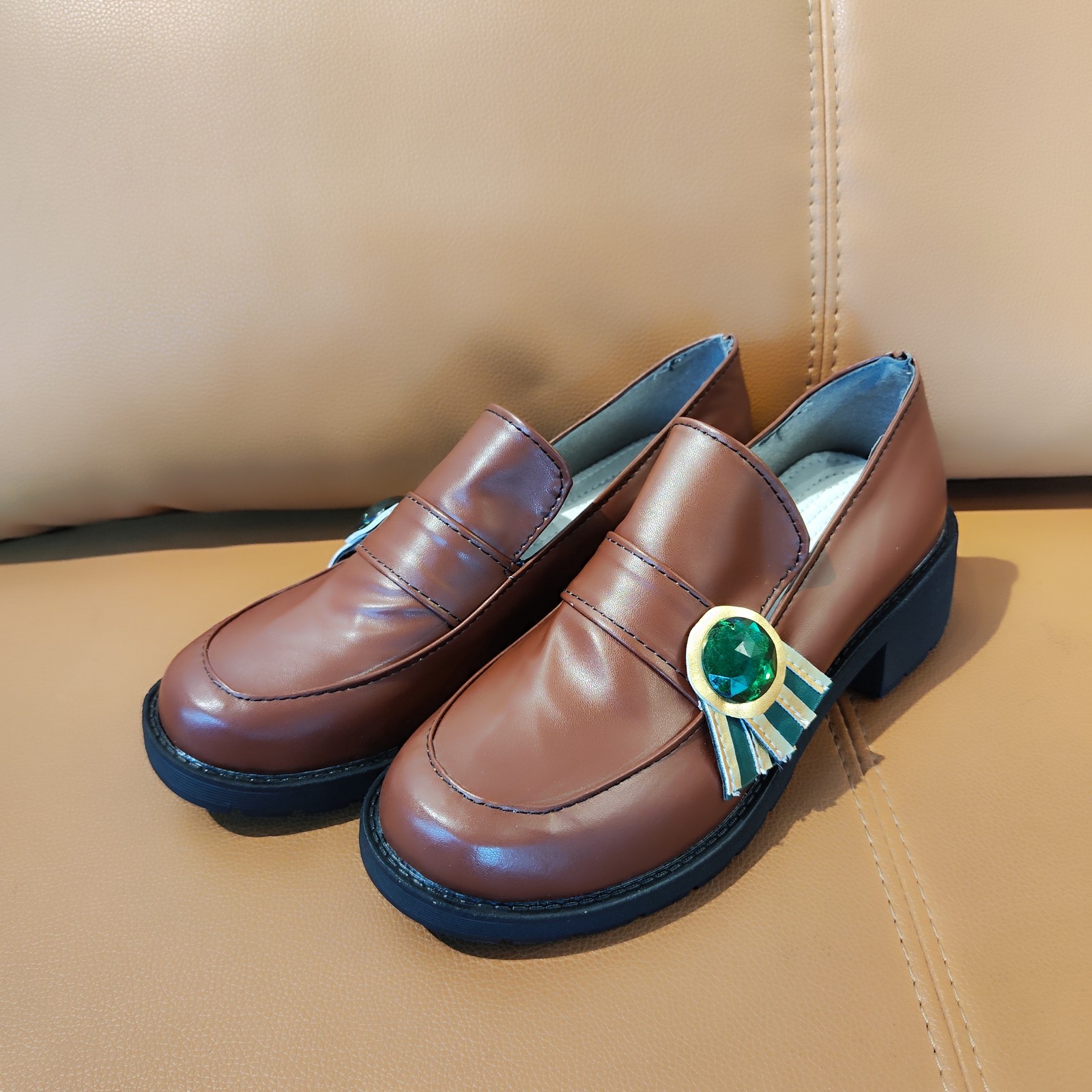 Genshin Impact Venti Shoes Cosplay Women Boots Brown Leather Loafers Chunky Heel
