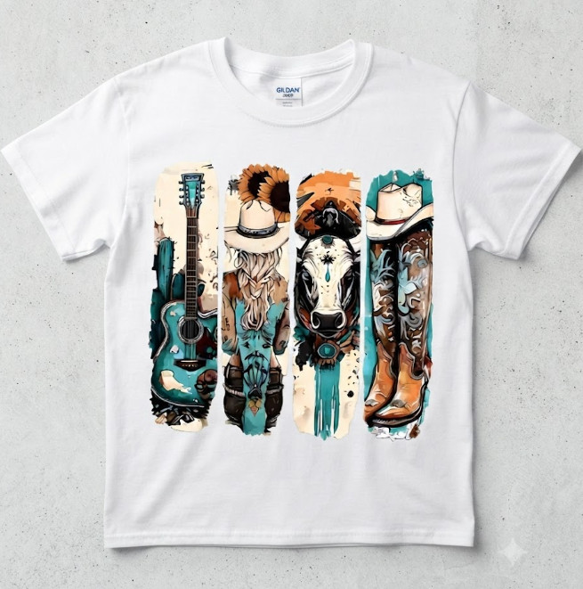 Vintage Western Cowboy Graphic Tee Women Boots Hat Guitar Soft Casual Summer