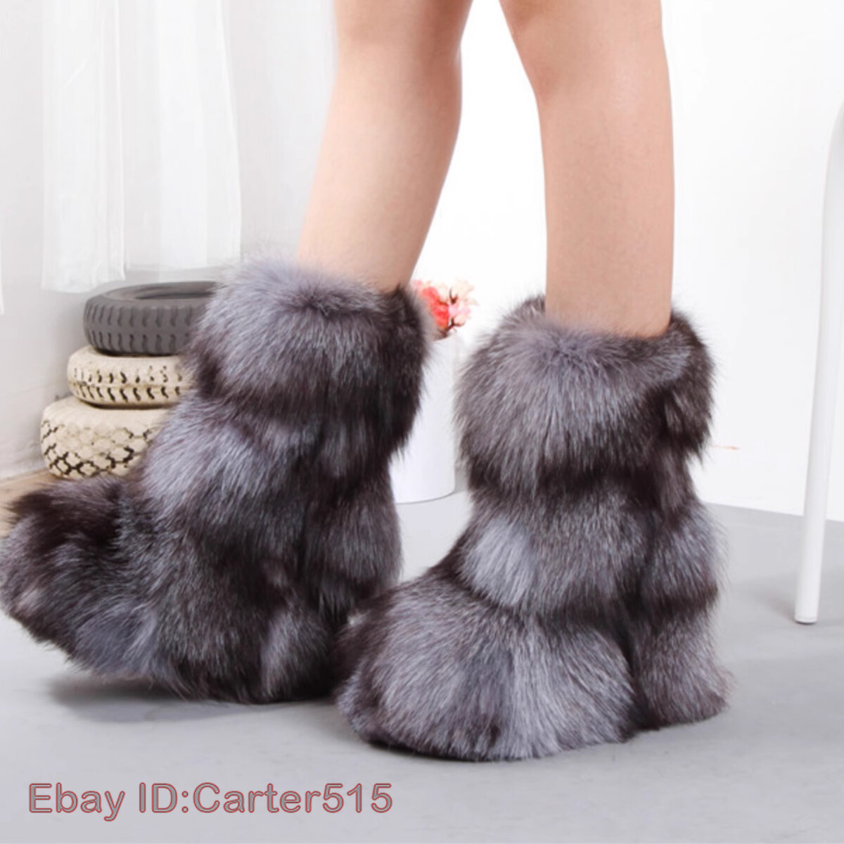 100% Genuine Fox Fur Women Boots Winter Pull on 13CM Inner Heighten Snow Shoes