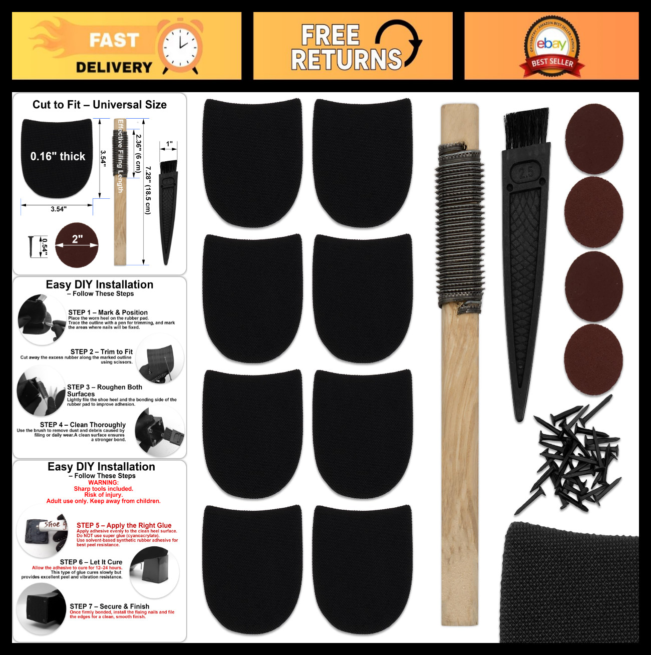 8PCS Boot Heel Replacement Kit – Cuttable Rubber Pads, Anti-Slip Repair, Univers