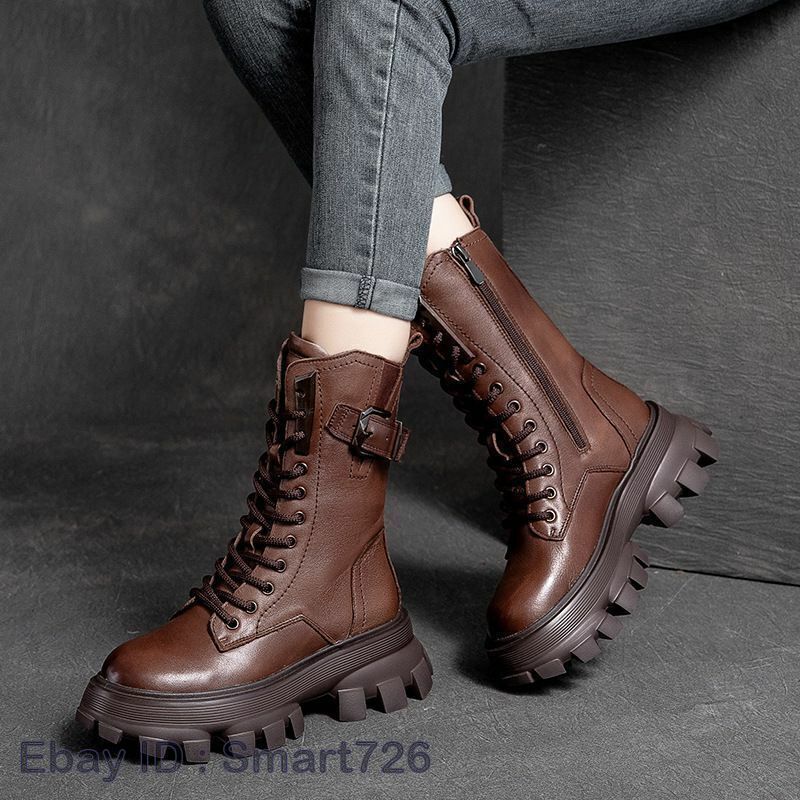 Women Boots Punk Chunky Block Mid Heel Lace Up Combat Motorcycle Biker Shoe Rock