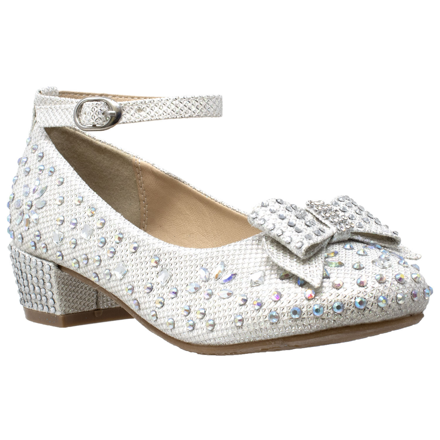 SOBEYO Kid Dress Shoes Girl Glitter Rhinestone Bow Mary Jane Pumps White Glitter