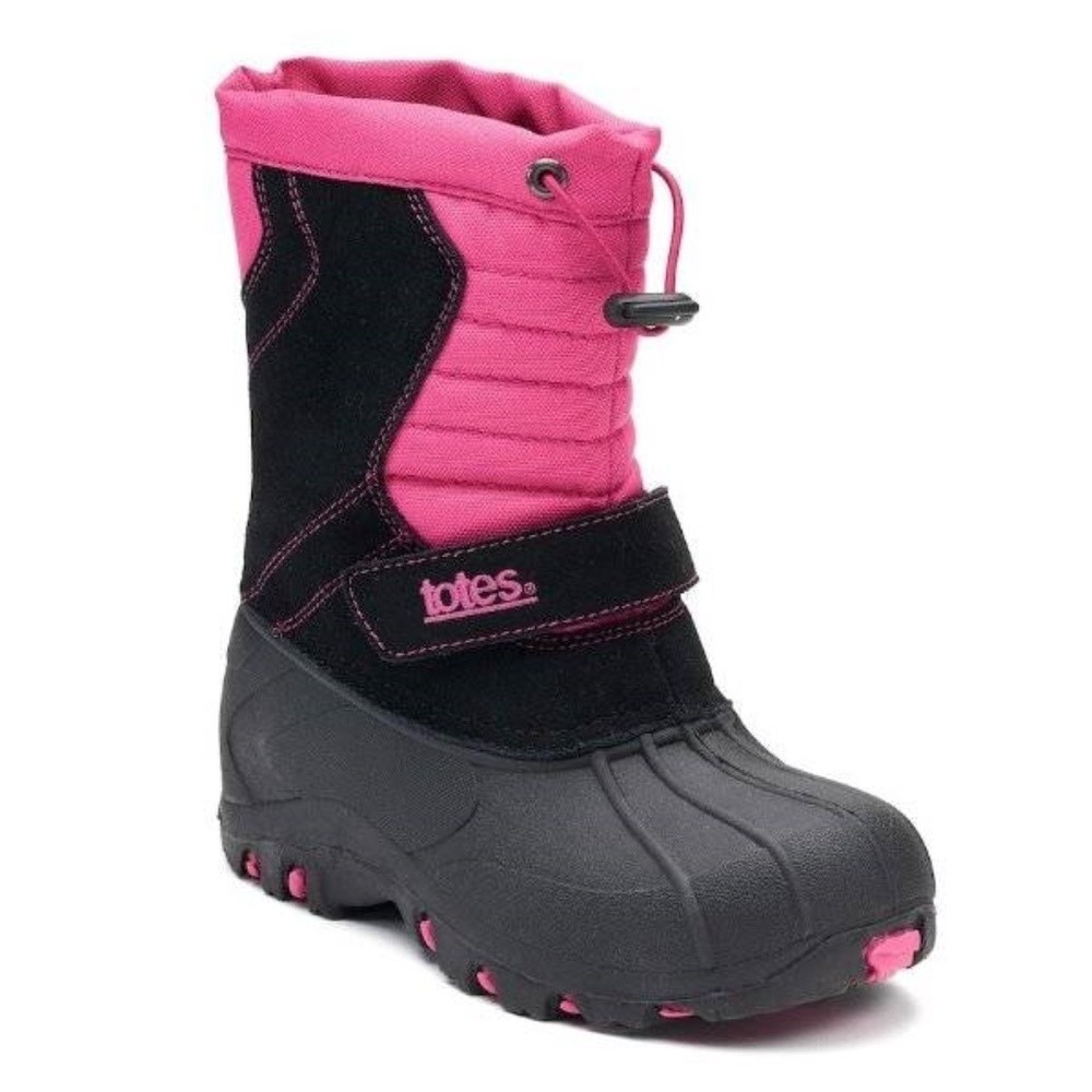 Girls Winter Boots 4 Black Pink Waterproof Snow Leather Fabric Lined Totes Kids